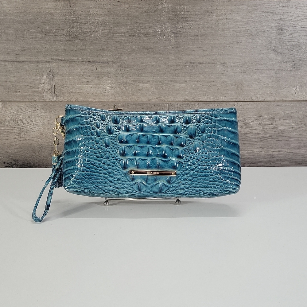 Brahmin Kayla Lagoon Melbourne Teal Croc-Embossed Leather Wristlet Clutch Bag